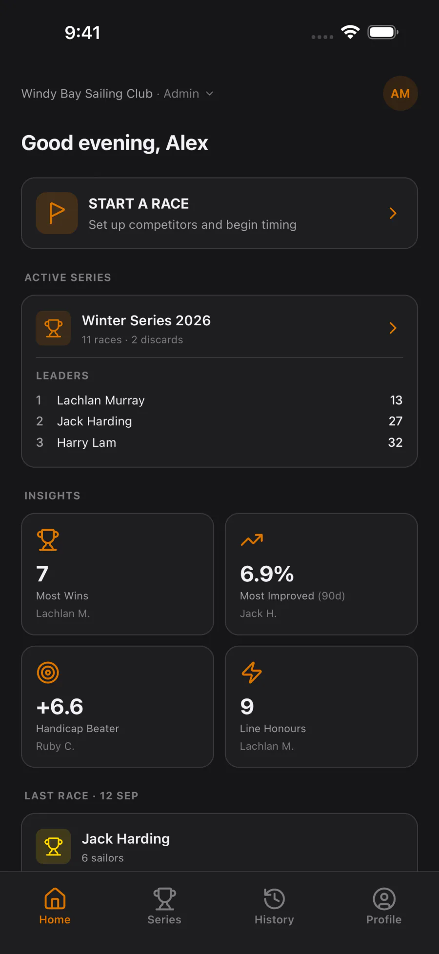 Club home screen with a start-race button, series leaders, most wins and most improved sailors.