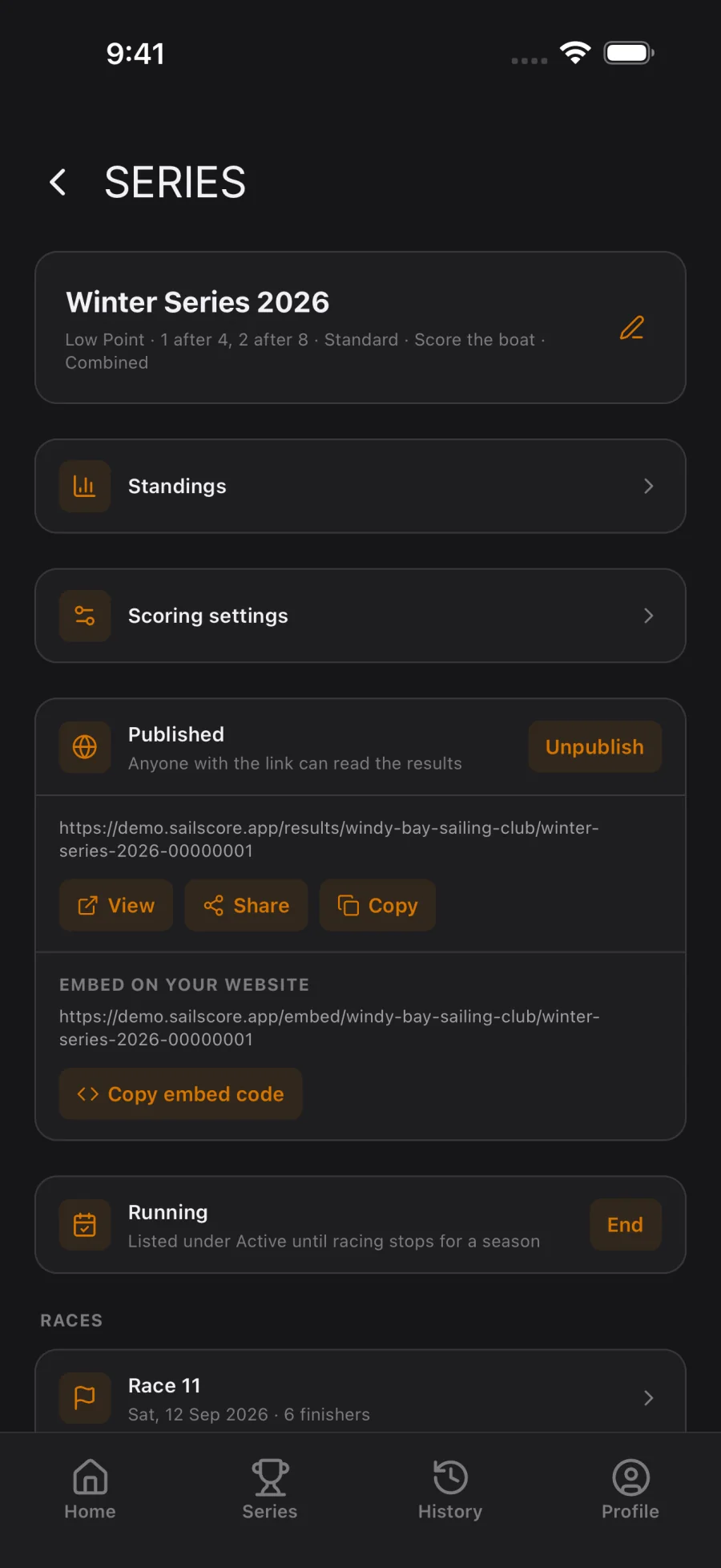 Series results ready to share, with buttons to view the results, share or copy the link, and add them to a club website.