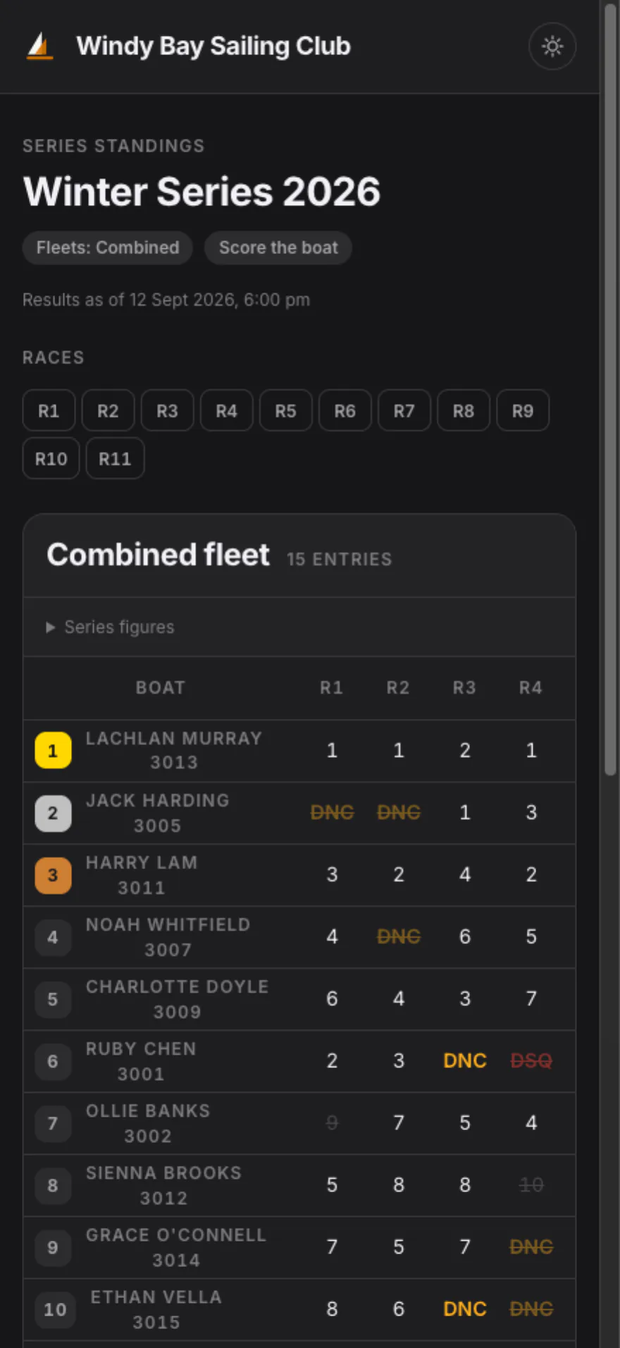 The same club results on a phone, with series positions and a menu to choose a race.